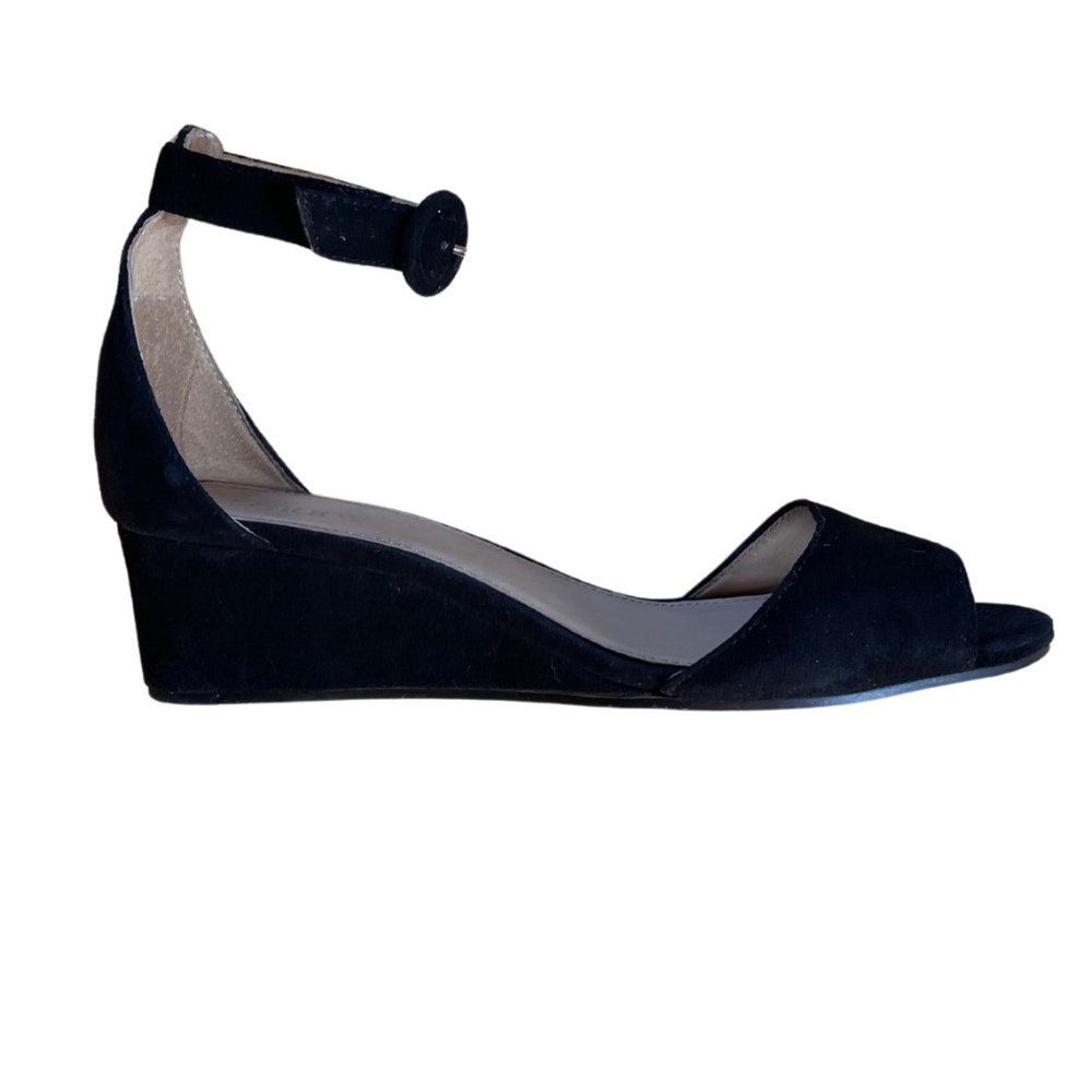 J. CREW WOMEN'S LAILA BLACK SUEDE OPEN TOE WEDGE HEELS WITH ANKLE STRAP SIZE 7.5
